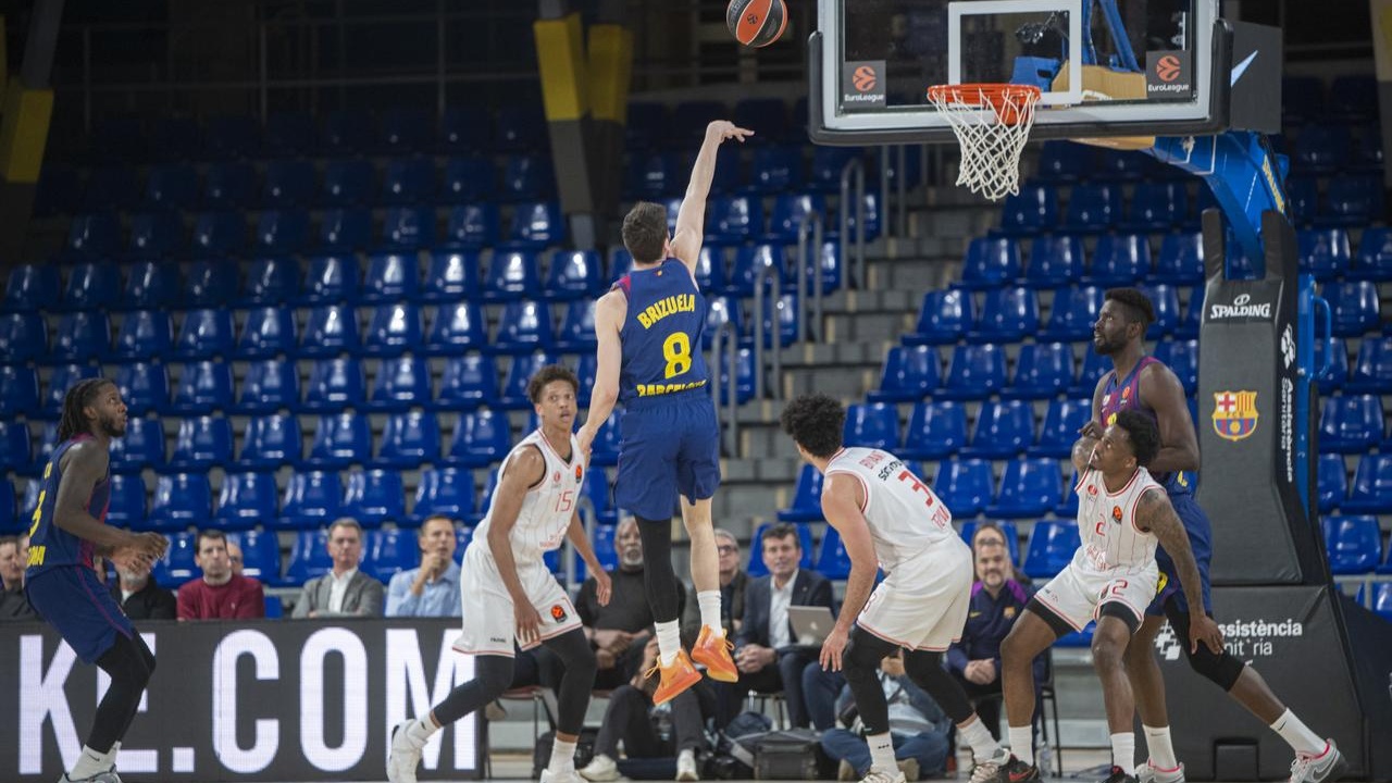 EuroLeague basketball game in a Spanish arena with players competing on court