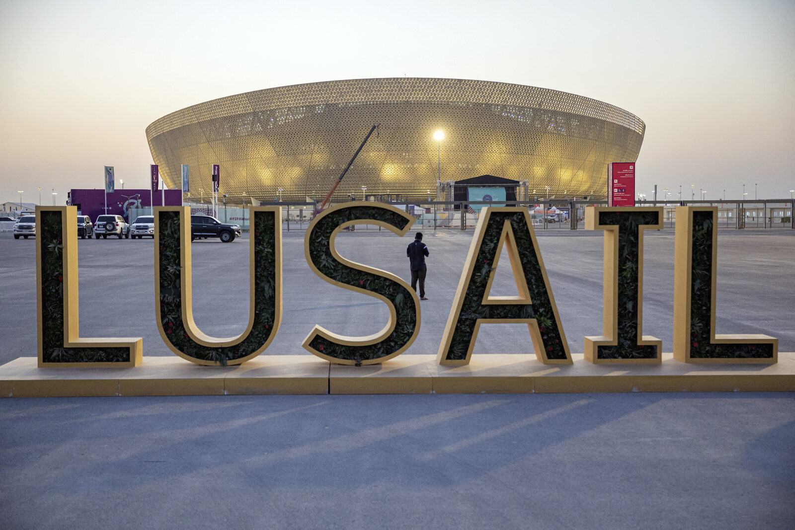 Iconic modern Qatar football stadium with striking architecture