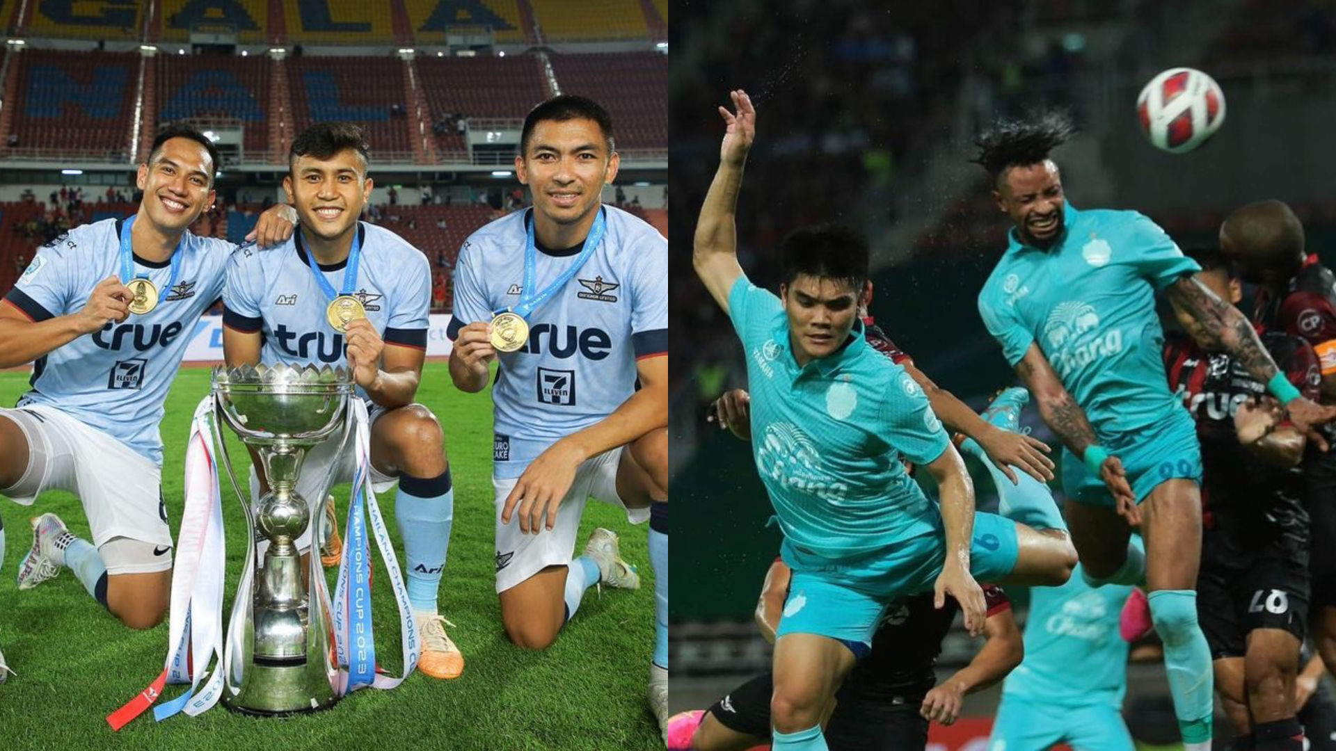Thai League football match with players in action on a tropical pitch