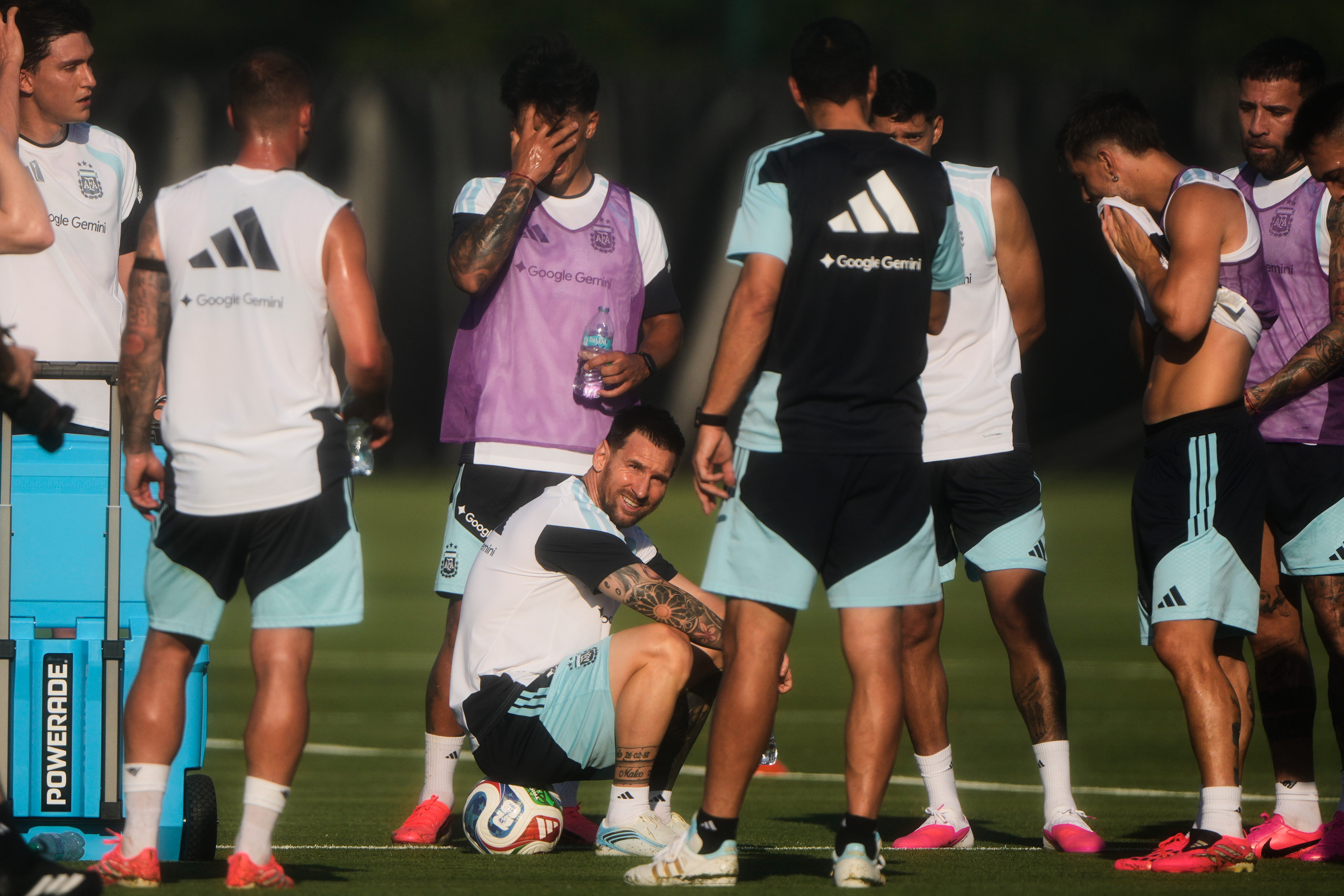 Argentine national team footballers during an intense high-performance training session on a professional pitch