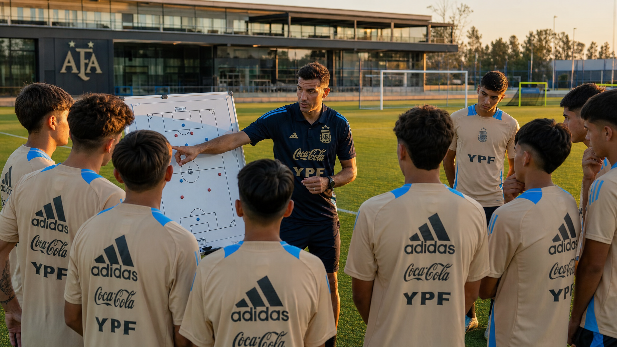 Professional soccer coaching clinic session on a training pitch in Buenos Aires with coach giving tactical instructions