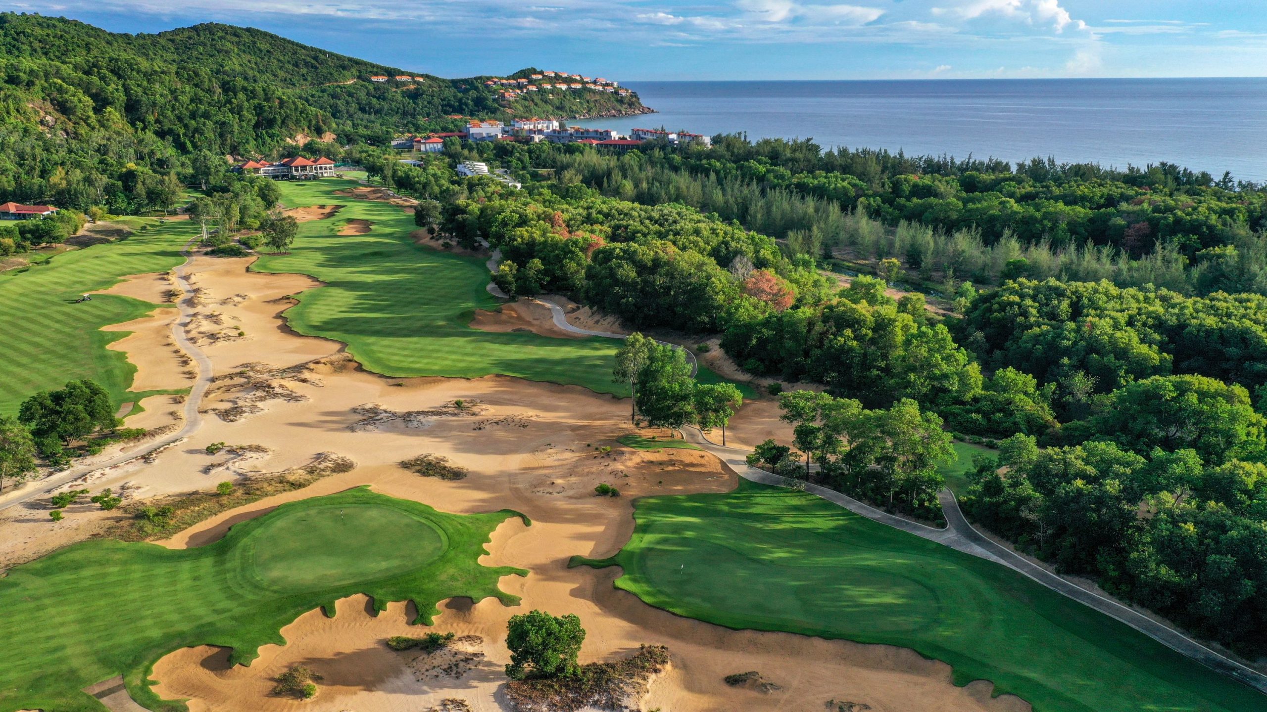 Aerial view of the Laguna Golf coastal course in Lang Co, Vietnam, an iconic Asian golf tour destination