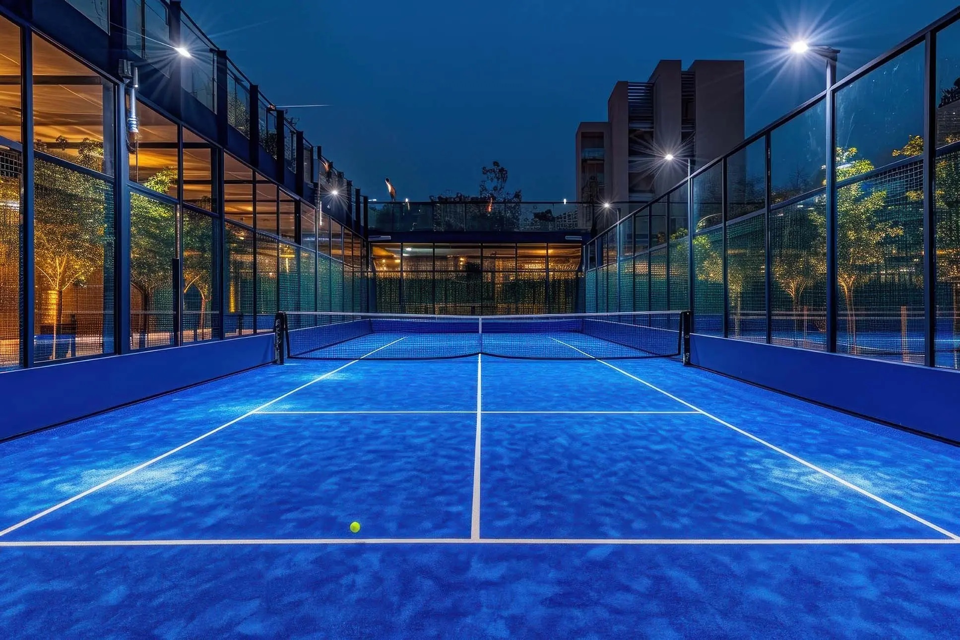 Players on a modern glass-walled padel court in North America