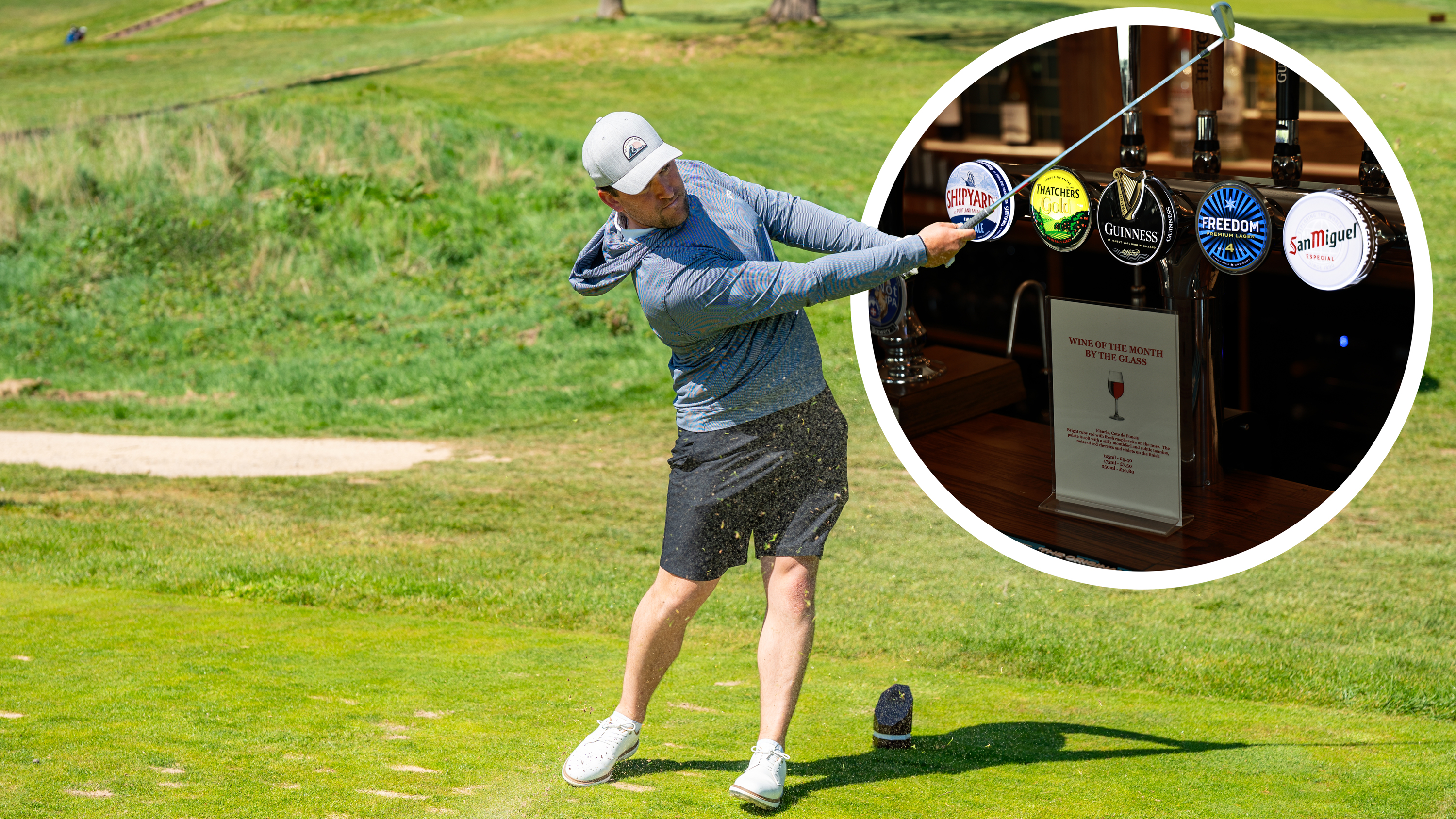 Professional golfer mid-swing on a championship course during an elite golf tour