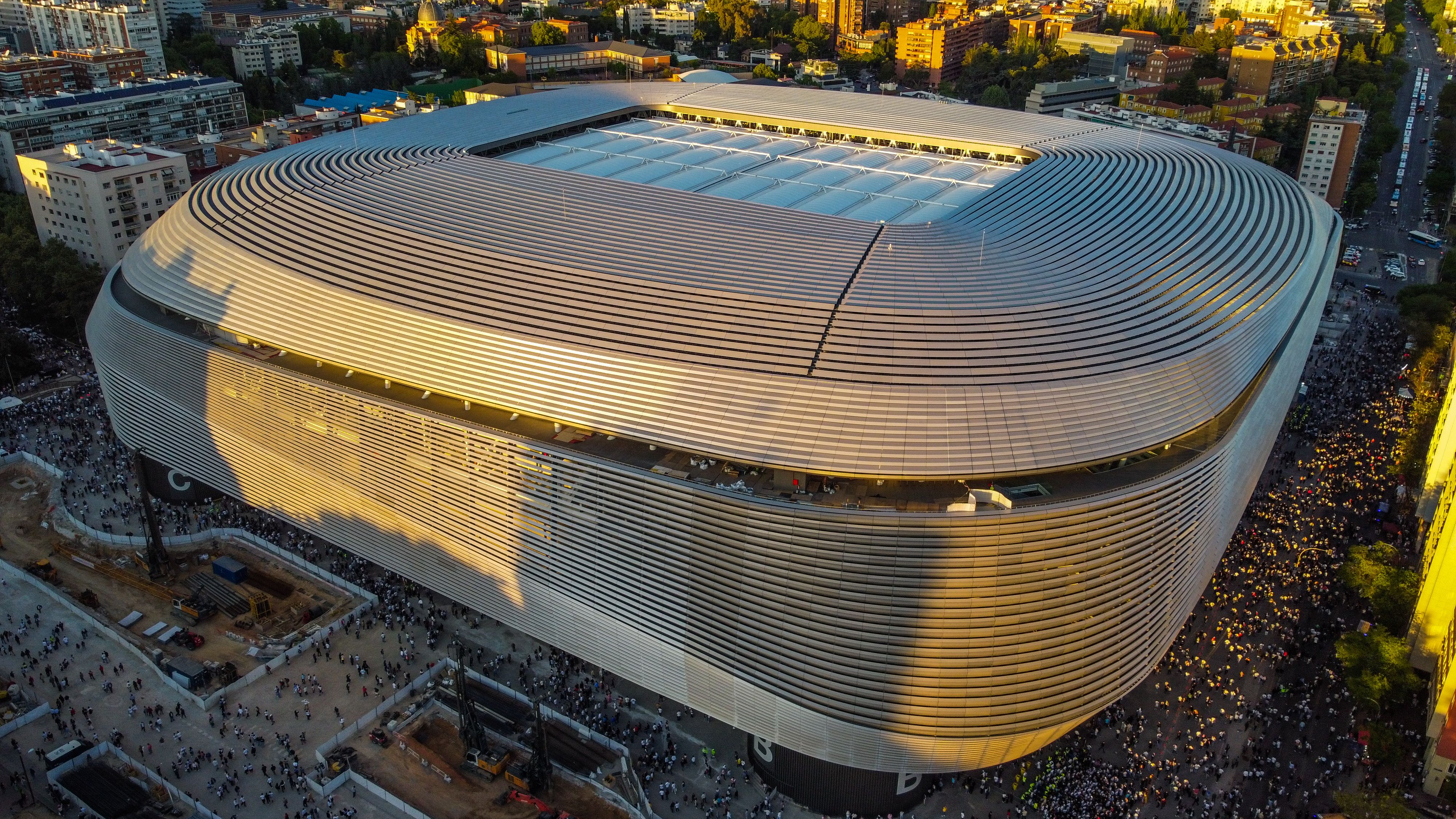 Aerial view of the Santiago Bernabeu stadium in Madrid at sunset, home of elite Spanish football