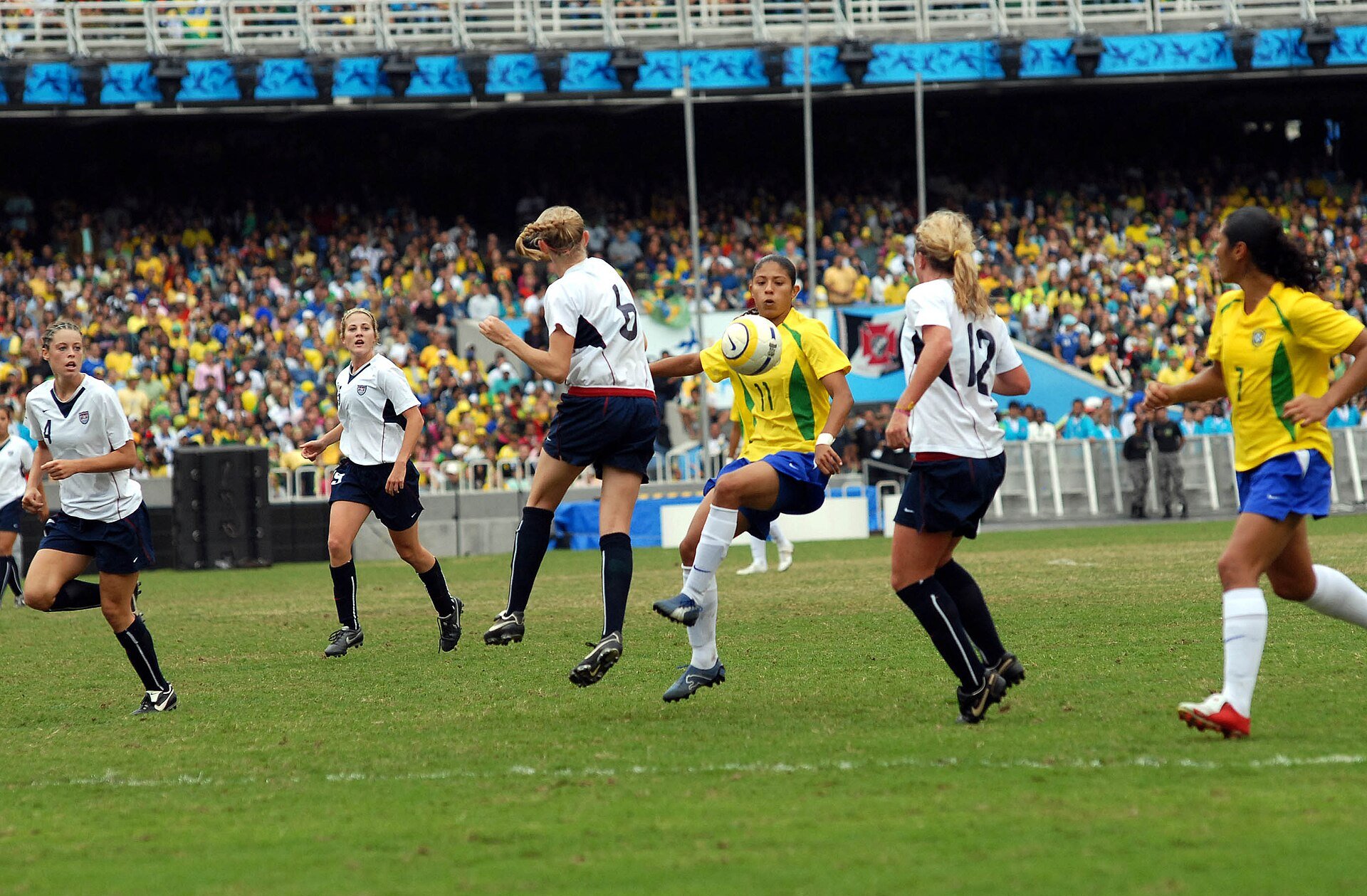Brazil and the USA women's teams at the Maracanã, Rio de Janeiro.