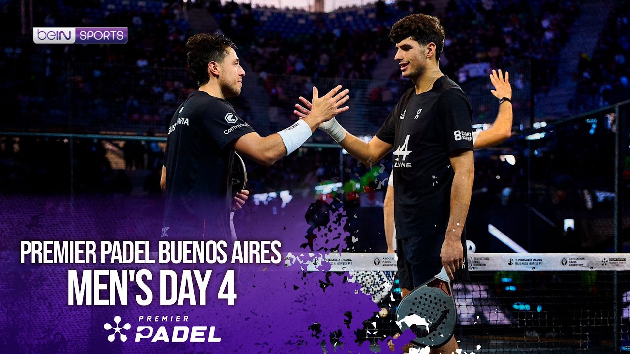 Padel match on a glass-walled court in Buenos Aires, Argentina, with players mid-rally