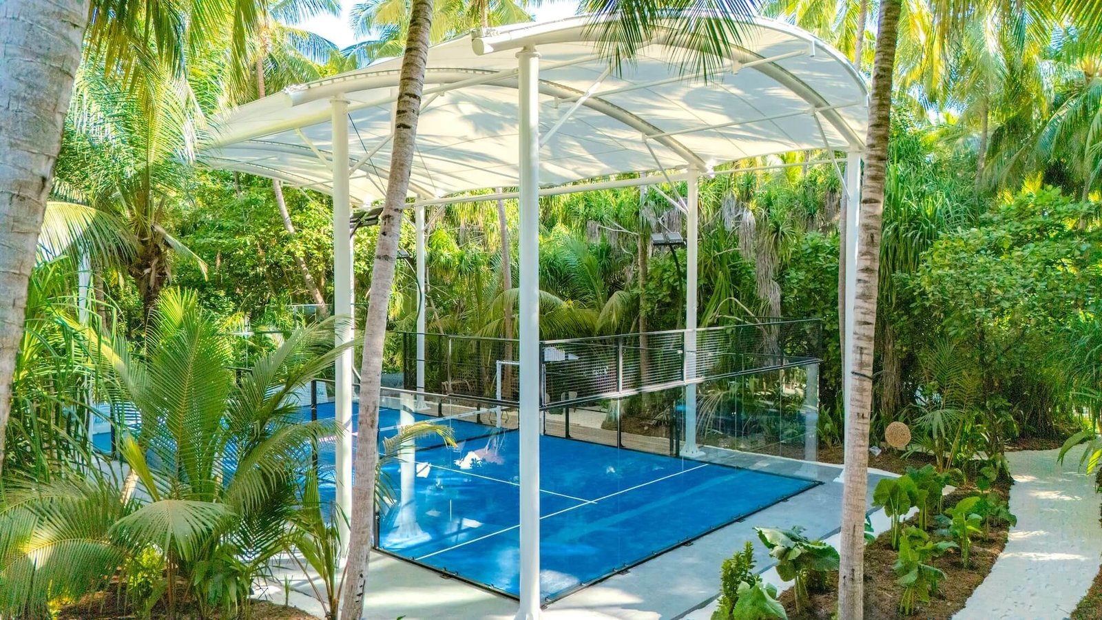 Luxury resort padel court surrounded by palm trees in a tropical Asian setting