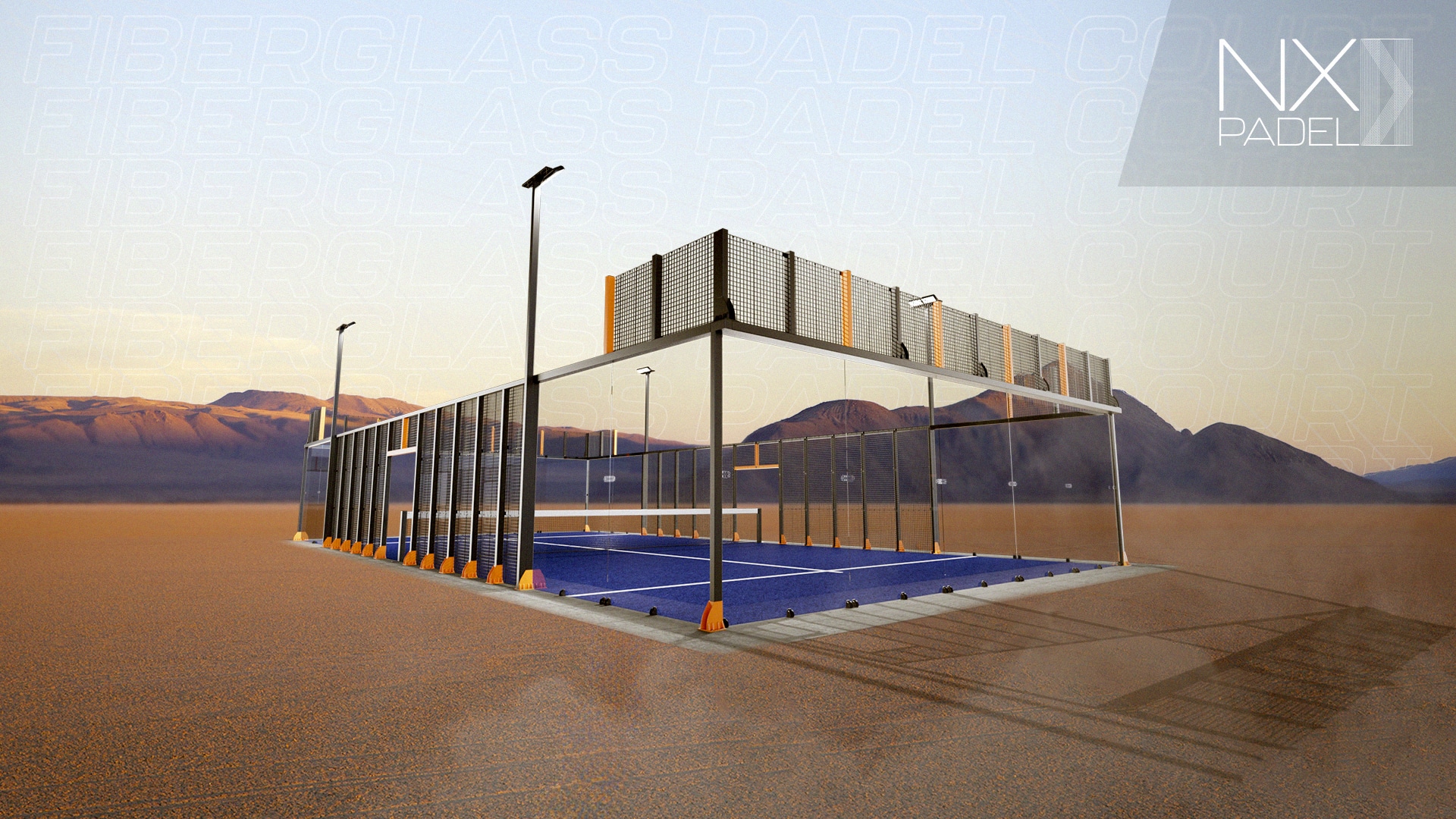 Modern glass-walled padel court at a European club with players in action