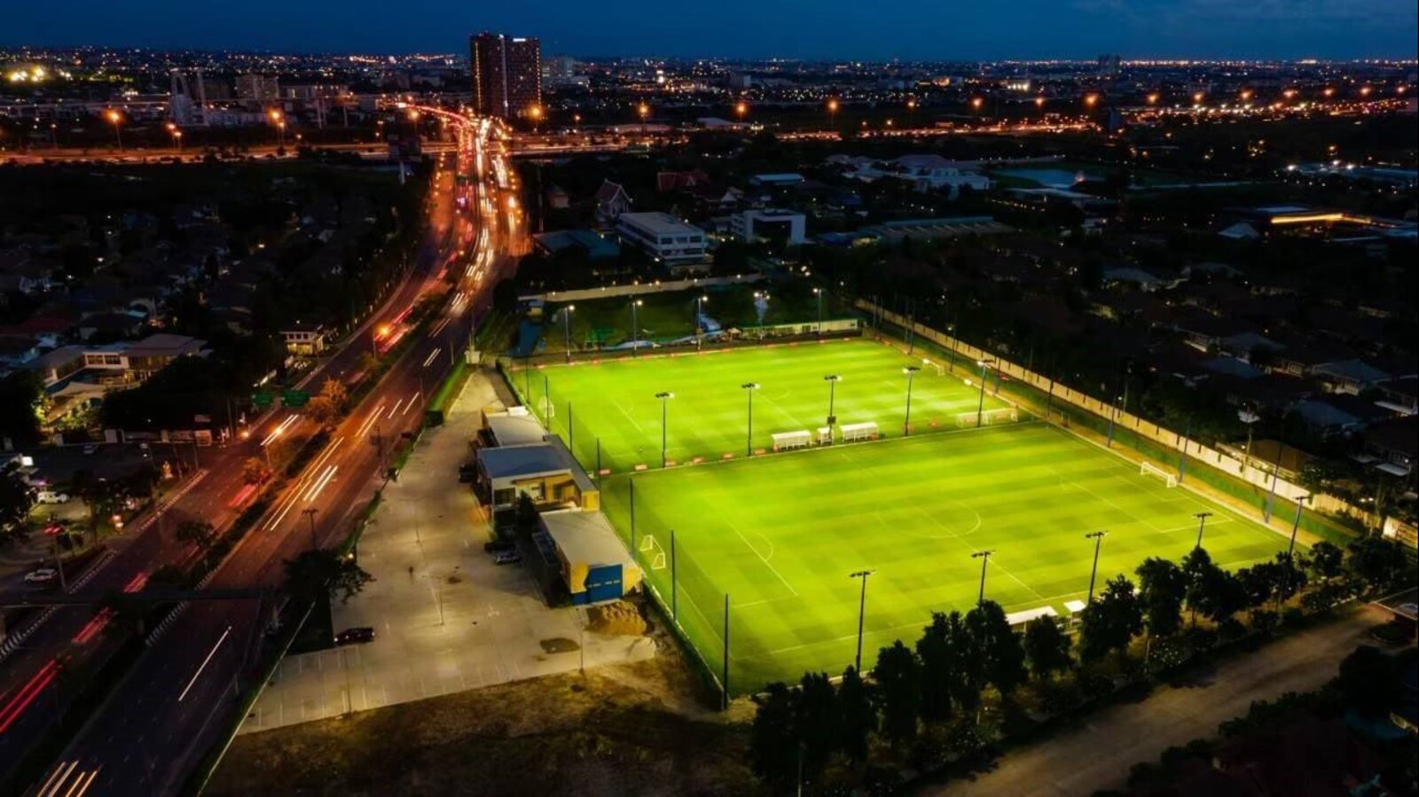 Aerial view of the FIFA-standard football pitches at our elite partner training facility in Asia