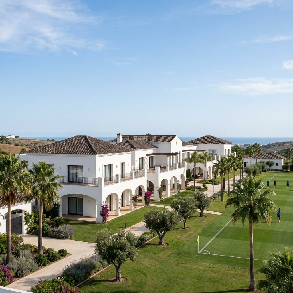 The Mediterranean-style training resort building at a partner football facility we work with in Spain