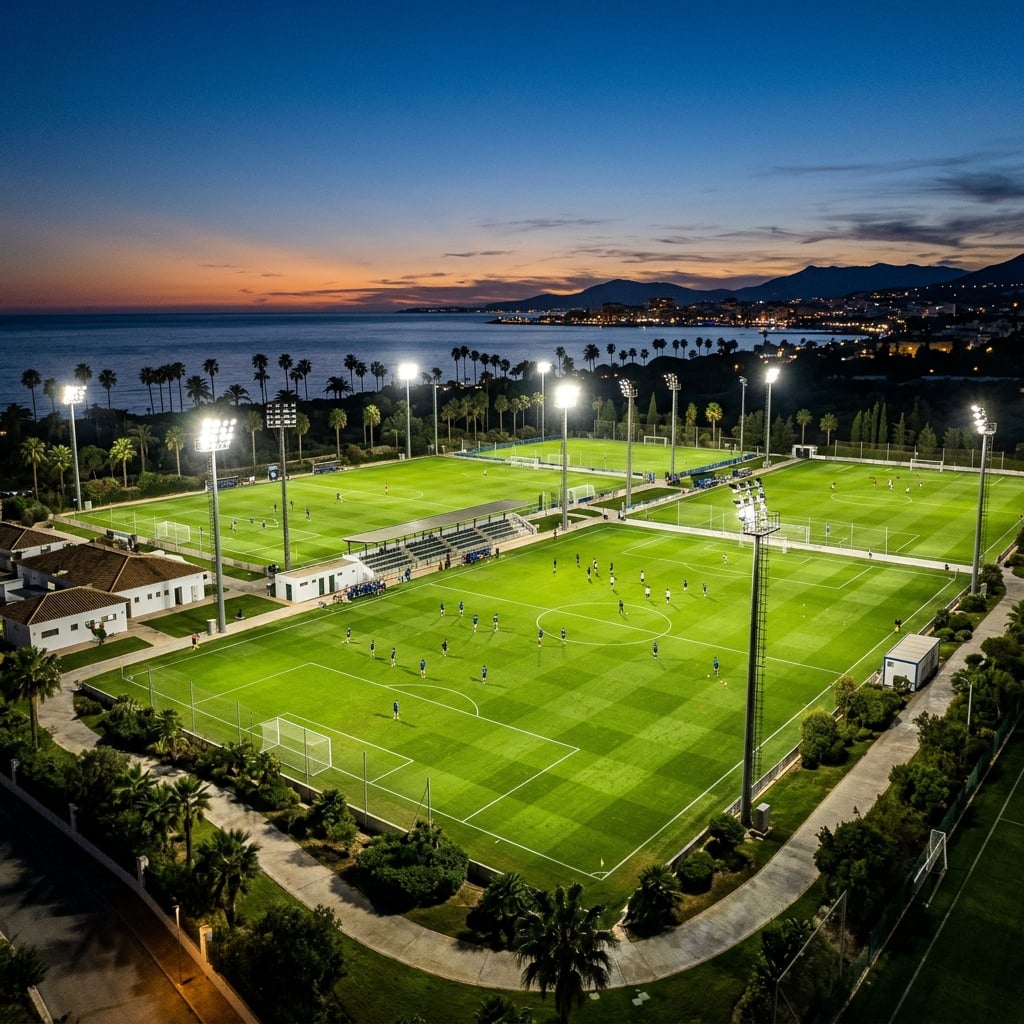 Floodlit football pitches at dusk at a partner training complex we work with in Spain