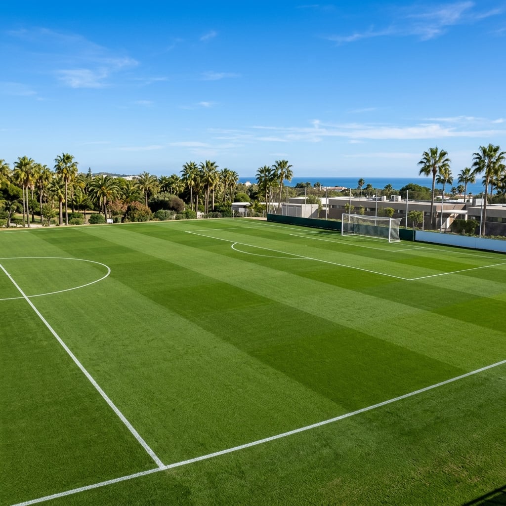 A professional natural-grass football pitch in perfect condition at a partner facility we work with in Spain