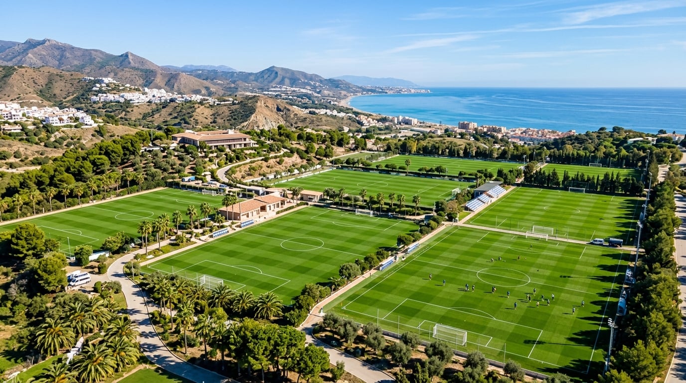 Aerial view of pristine natural-grass football pitches at a partner training complex we work with in Spain