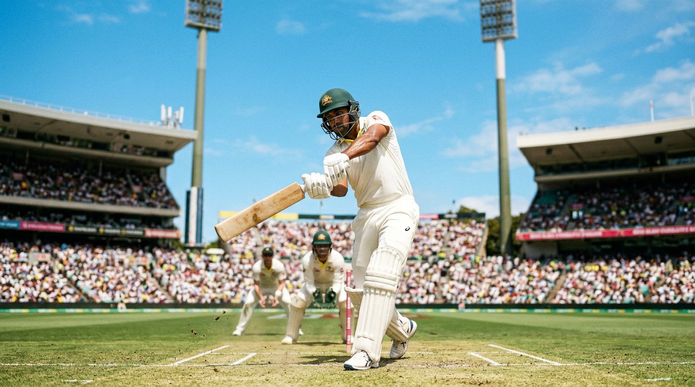 Professional cricketer batting in a sunny Australian stadium