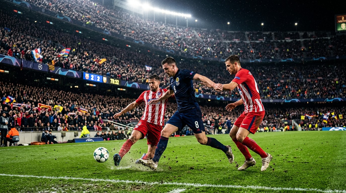 Professional football match under floodlights in a packed historic European stadium