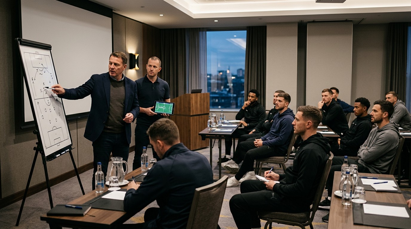 Professional team staff briefing players in a hotel meeting room