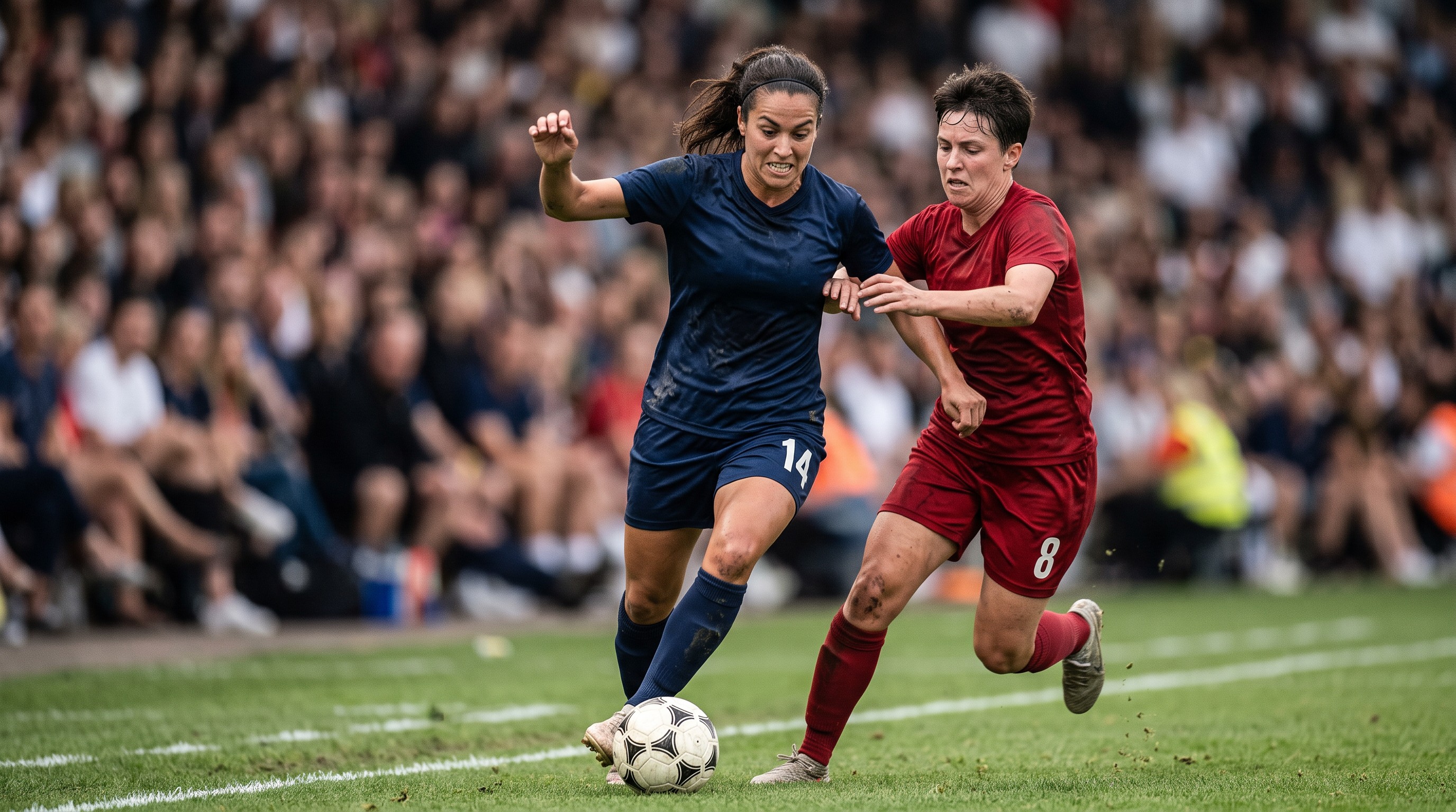 Professional women's football player dribbling past a defender in front of a crowd