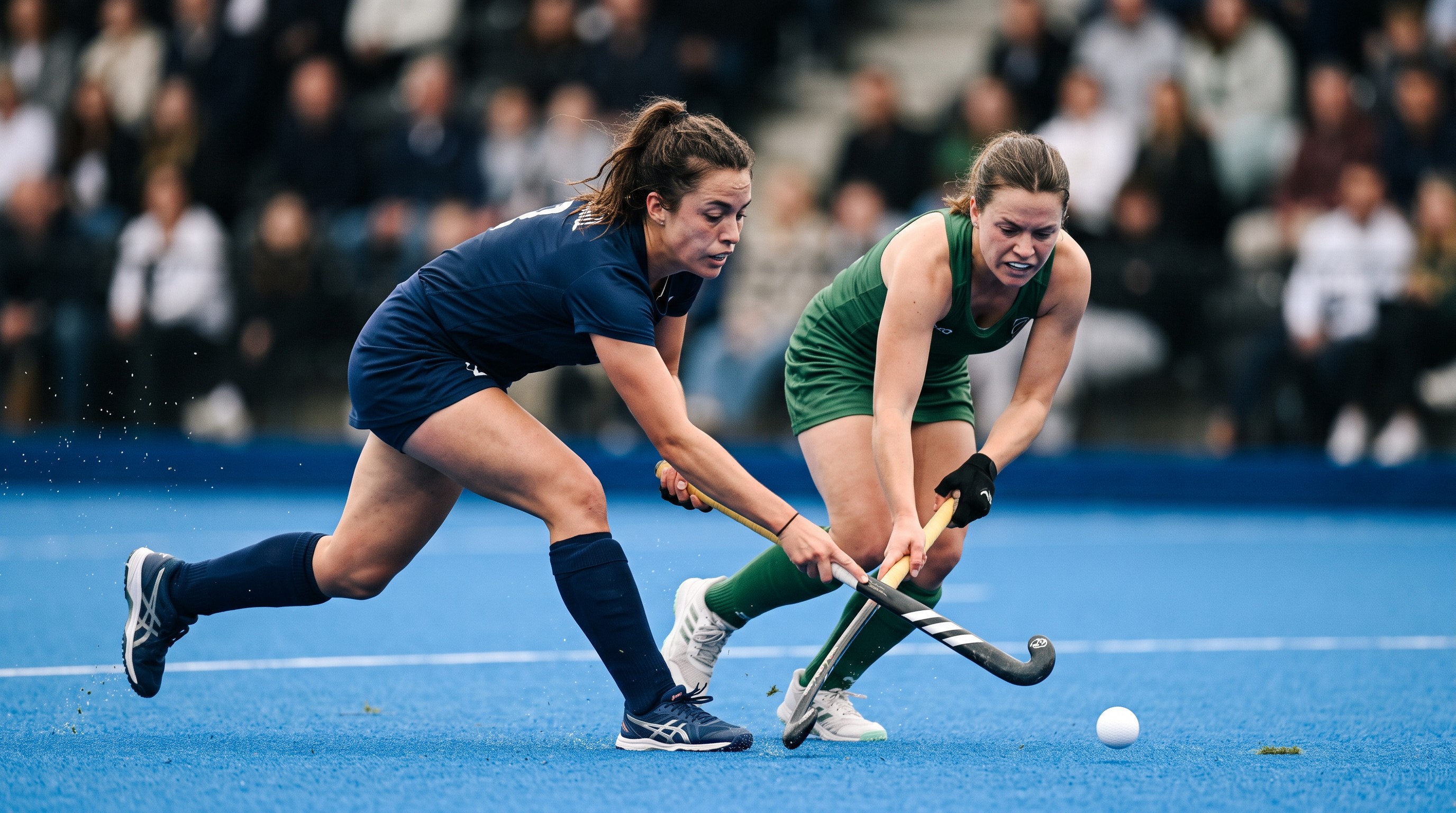 Two professional women's hockey players competing for the ball on a blue hockey turf