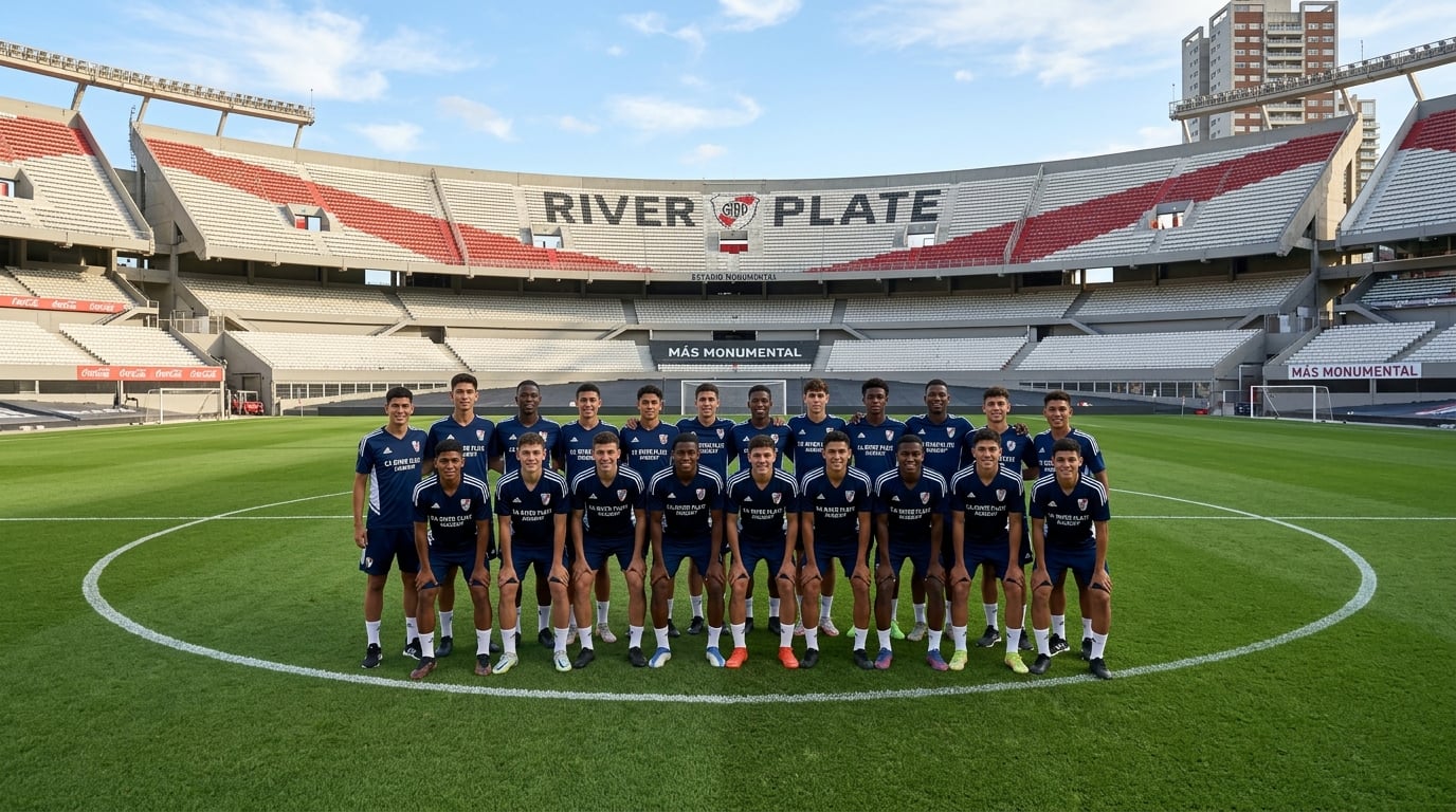 Youth school sports team on a professional football pitch inside a stadium in Buenos Aires Argentina