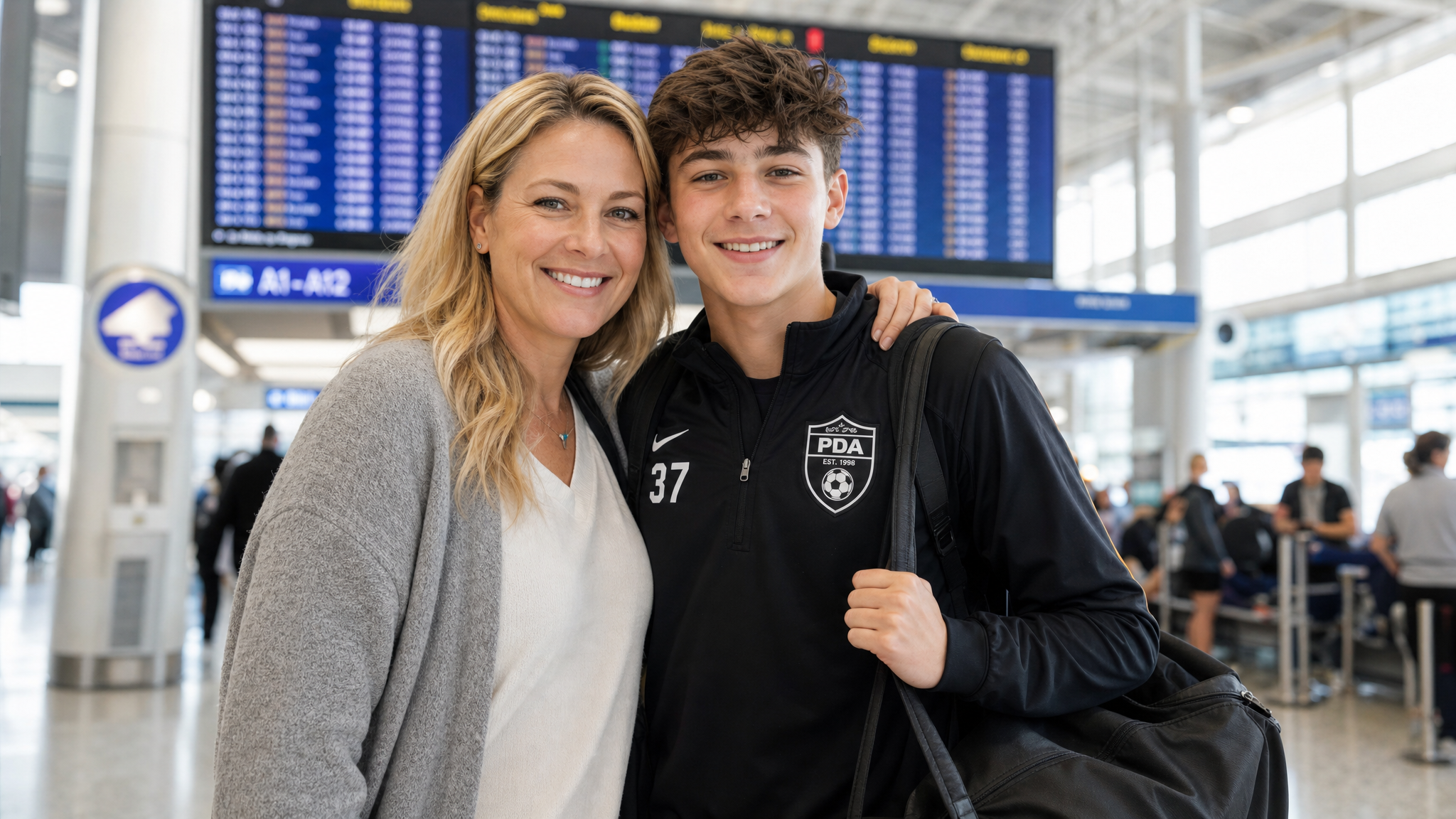 Parent and young athlete at an airport preparing for an international youth sports tour